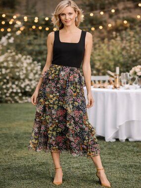 Ted Baker Black Floral Fit & Flare Midi Dress Ruffle Skirt Size 3
